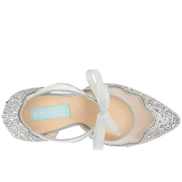 Last One Betsey Johnson New 8.5 Iris Silver Rhinestone Ankle Strap Stiletto Heel - Picture 4 of 12